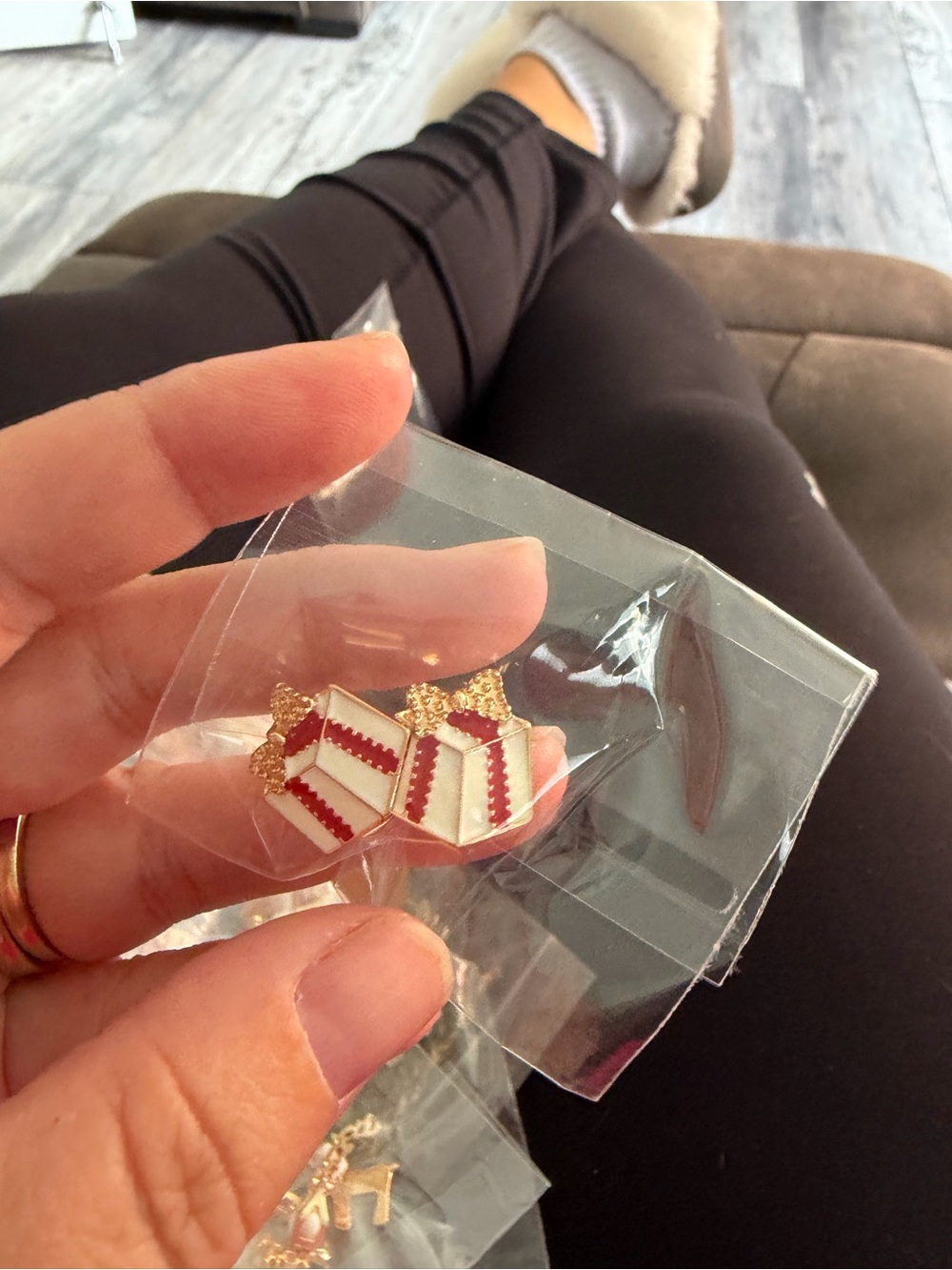 5/$25 Gold-Tone White and Red Christmas Box Stud Earrings clip ons